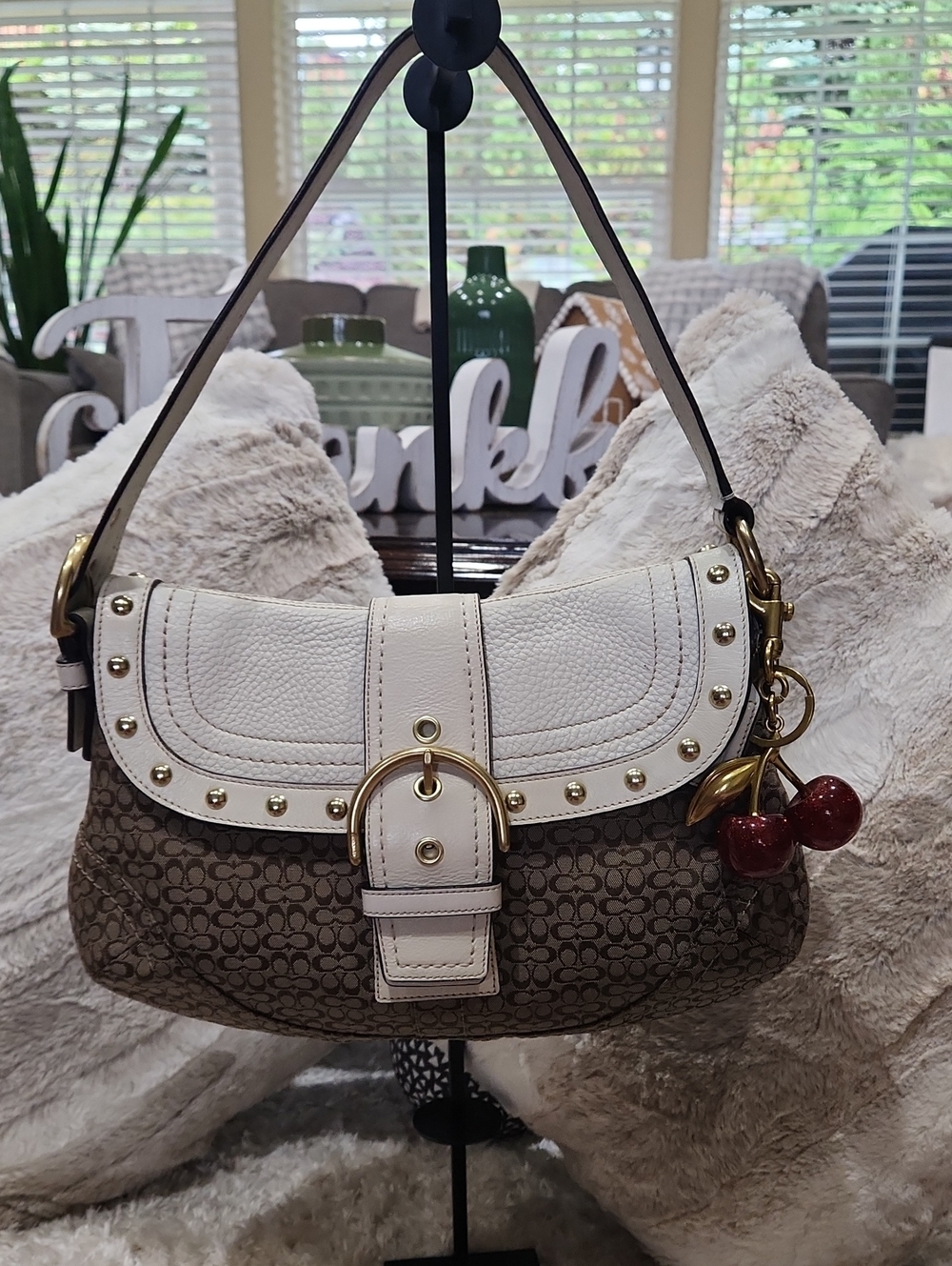 Coach Brown Signature Canvas Shoulder Bag with White Trim and Cherry Charm